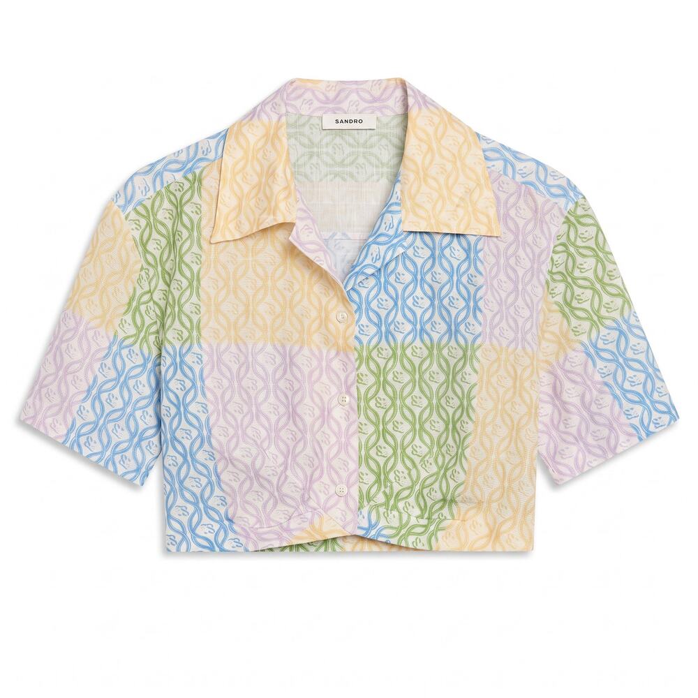 Sandro Multicolor Square SS Logo Leona Women's Small Crop Top Vacation Luxury